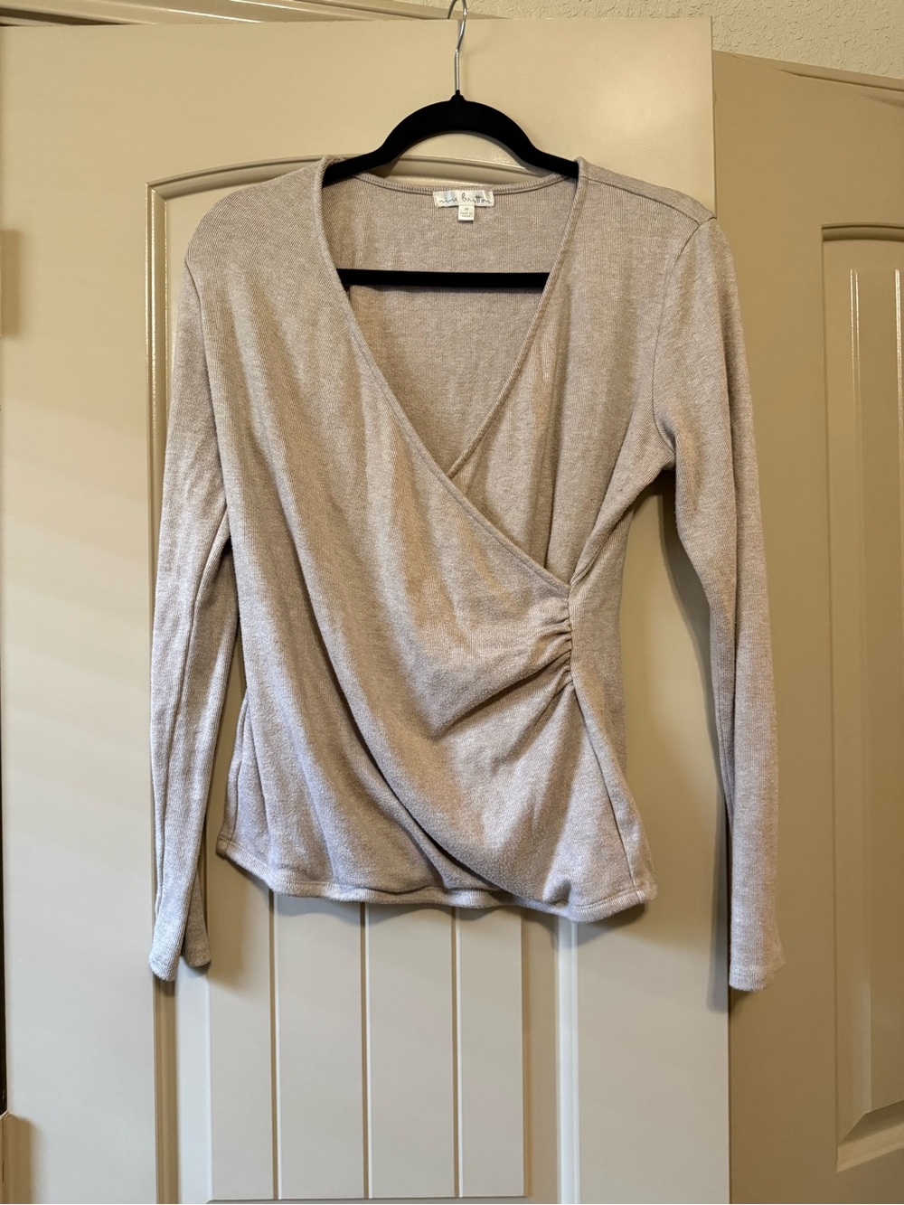 Mine Brittan Beige Ruched Faux Wrap Long Sleeve Top Medium